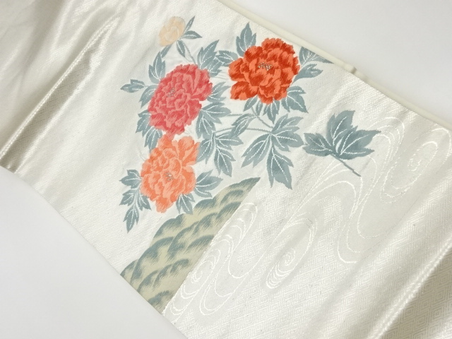 JAPANESE KIMONO / VINTAGE NAGOYA OBI / PLATINUM FOIL / WOVEN PEONY & STREAM